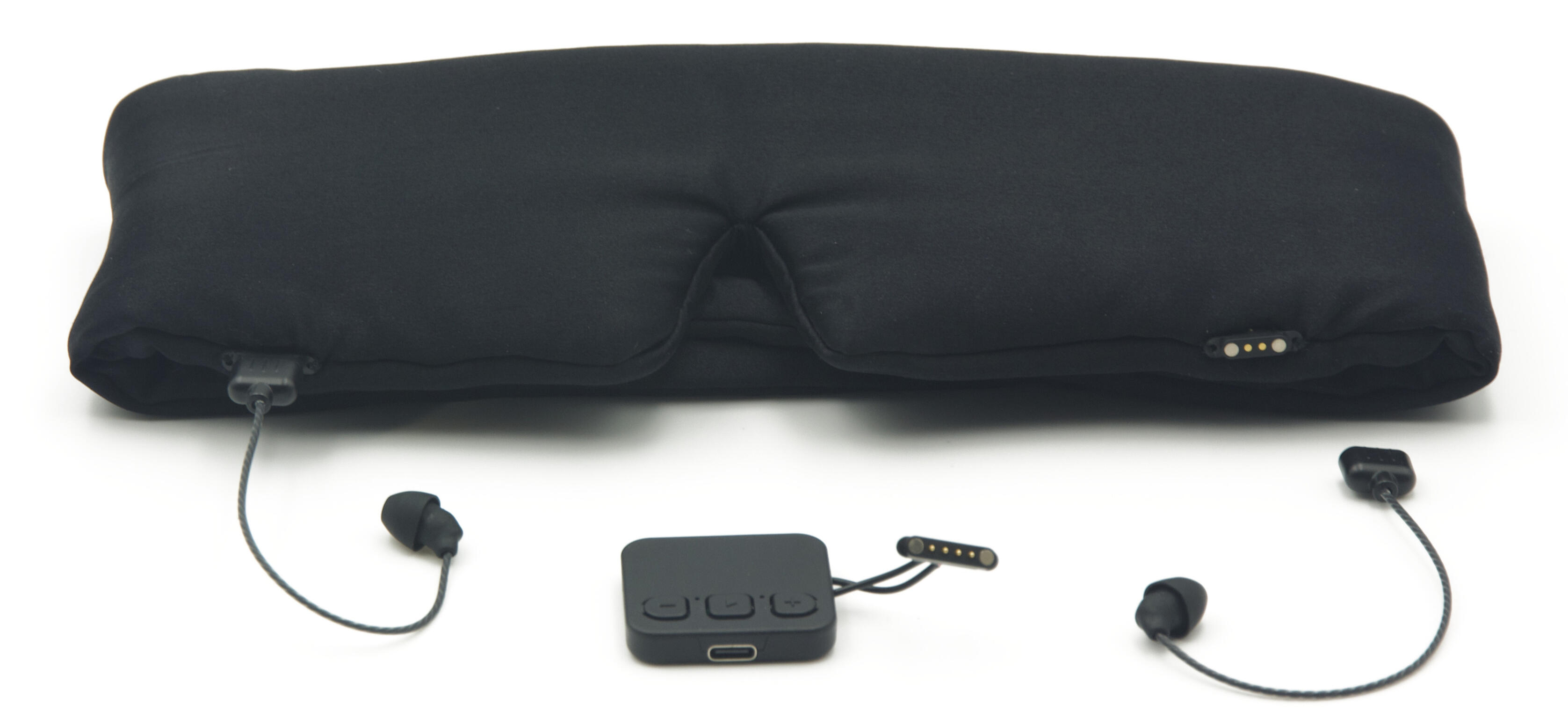 31st St Project audio sleep mask Black sleep mask with two detachable short-lead earbuds and a separate control module.
