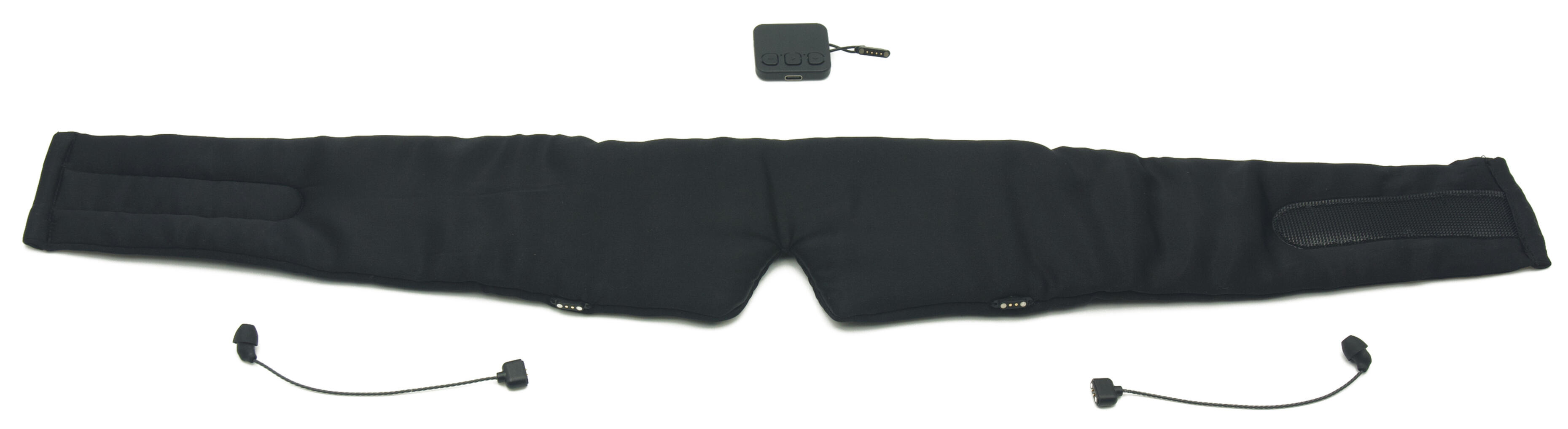 31st St Project audio sleep mask Black sleep mask with two detachable short-lead earbuds and a separate control module.
